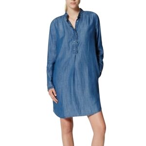 LOFT Blue Chambray Denim Ruffle Neck Shirt ‎ Dress Size Small